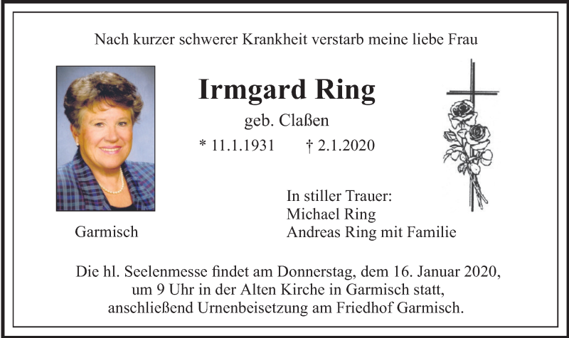  Traueranzeige für Irmgard Ring vom 11.01.2020 aus merkurtz