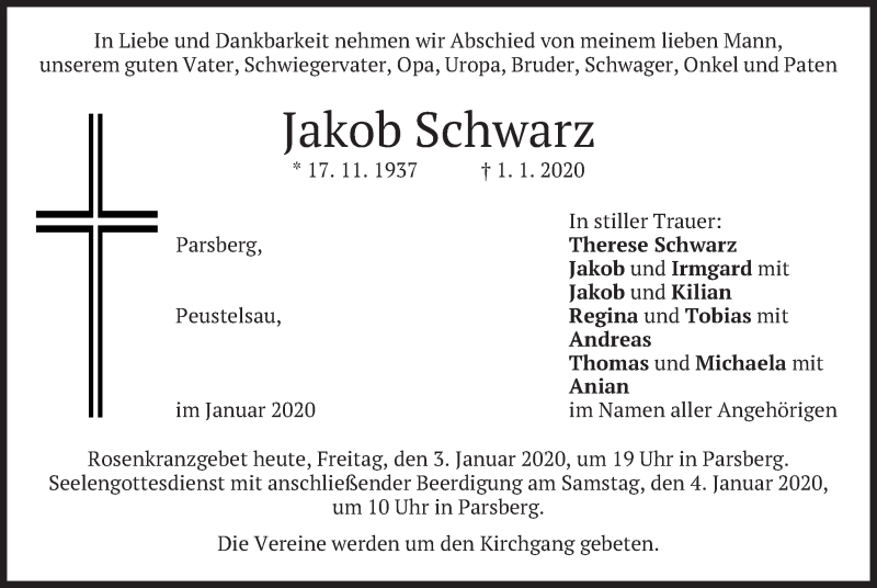  Traueranzeige für Jakob  Schwarz vom 03.01.2020 aus merkurtz