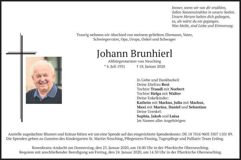  Traueranzeige für Johann Brunhierl vom 21.01.2020 aus merkurtz