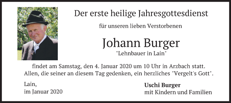  Traueranzeige für Johann Burger vom 02.01.2020 aus merkurtz
