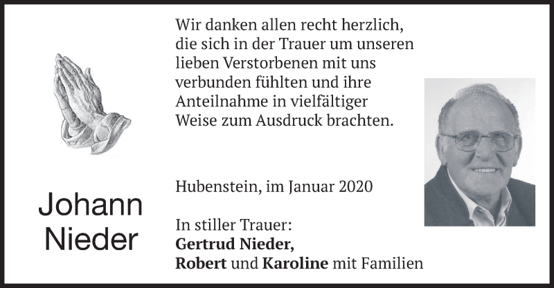  Traueranzeige für Johann Nieder vom 25.01.2020 aus merkurtz