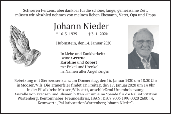 Traueranzeige von Johann Nieder von merkurtz