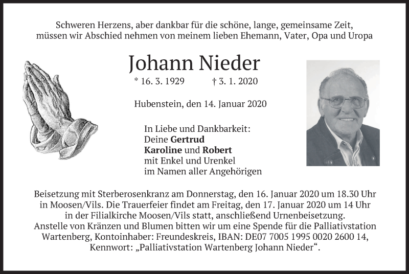  Traueranzeige für Johann Nieder vom 14.01.2020 aus merkurtz