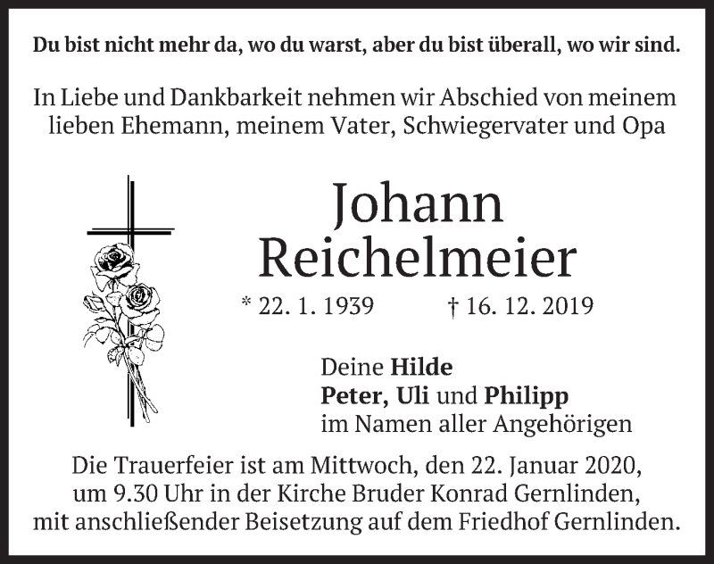  Traueranzeige für Johann Reichelmeier vom 18.01.2020 aus merkurtz