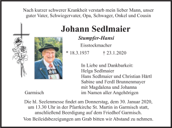 Traueranzeige von Johann Sedlmaier von merkurtz