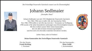 Traueranzeige von Johann Sedlmaier von merkurtz
