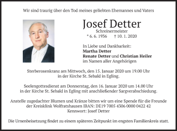 Traueranzeige von Josef Detter von merkurtz