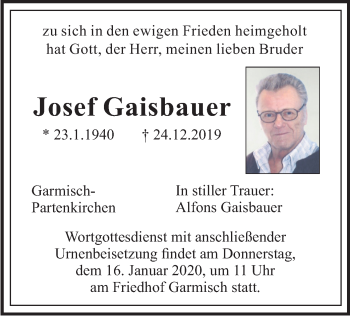 Traueranzeige von Josef Gaisbauer von merkurtz