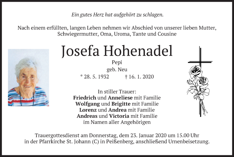  Traueranzeige für Josefa Hohenadel vom 21.01.2020 aus merkurtz