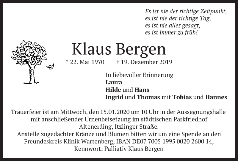 Traueranzeige für Klaus Bergen vom 11.01.2020 aus merkurtz