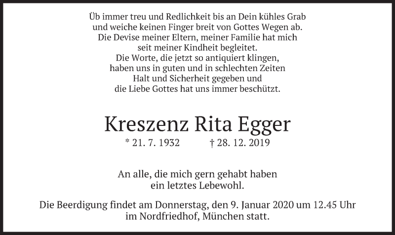  Traueranzeige für Kreszenz Rita Egger vom 04.01.2020 aus merkurtz