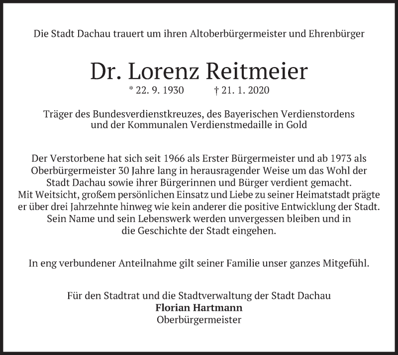  Traueranzeige für Lorenz Reitmeier vom 25.01.2020 aus merkurtz