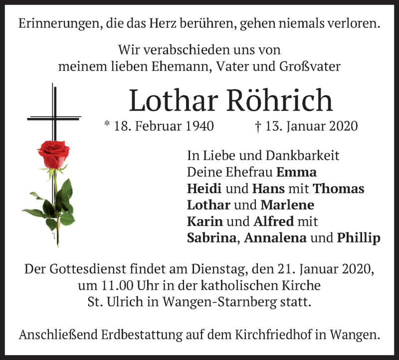  Traueranzeige für Lothar Röhrich vom 18.01.2020 aus merkurtz