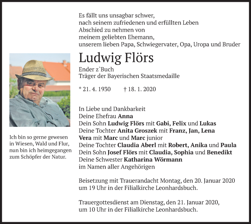  Traueranzeige für Ludwig Flörs vom 20.01.2020 aus merkurtz