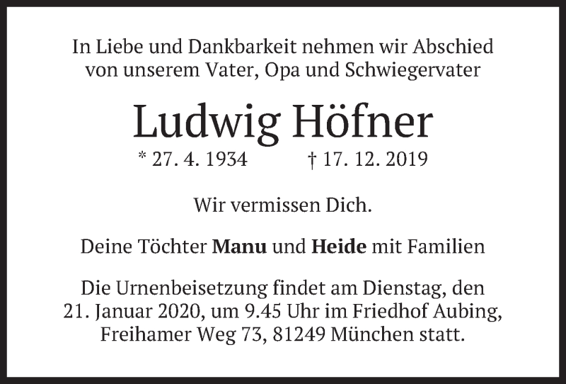  Traueranzeige für Ludwig Höfner vom 18.01.2020 aus merkurtz