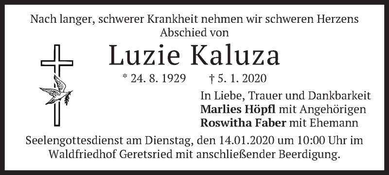  Traueranzeige für Luzie Kaluza vom 11.01.2020 aus merkurtz