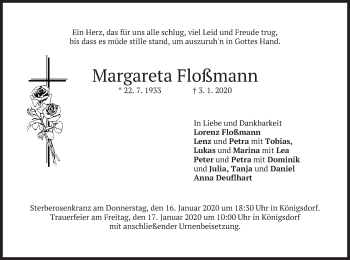 Traueranzeige von Margareta Floßmann von merkurtz