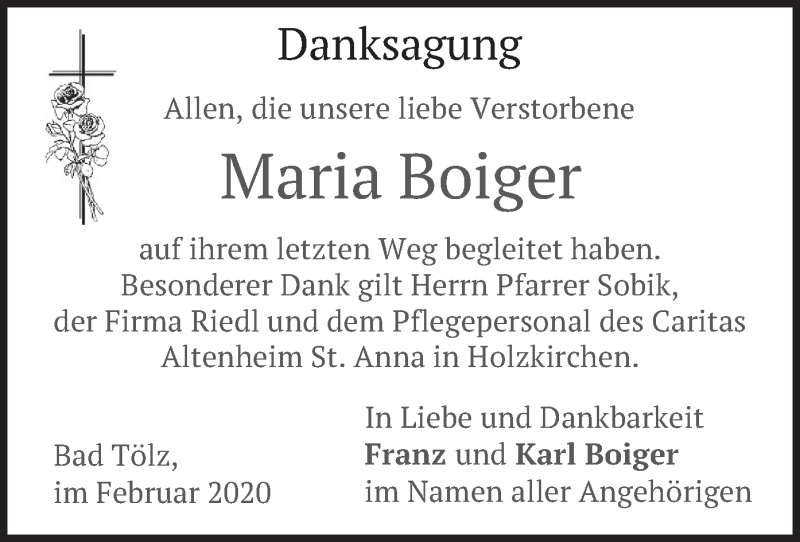  Traueranzeige für Maria Boiger vom 01.02.2020 aus merkurtz