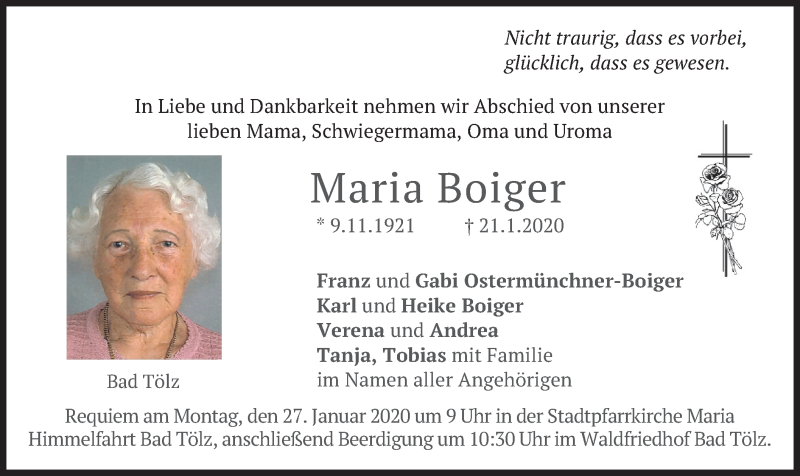  Traueranzeige für Maria Boiger vom 25.01.2020 aus merkurtz