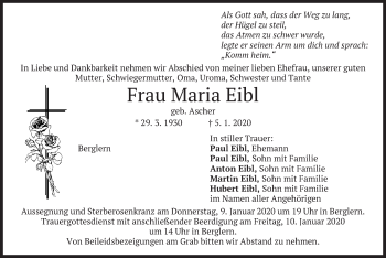 Traueranzeige von Maria  Eibl von merkurtz