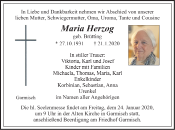 Traueranzeige von Maria Herzog von merkurtz