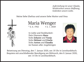 Traueranzeigen von Maria Wenger | trauer.merkur.de