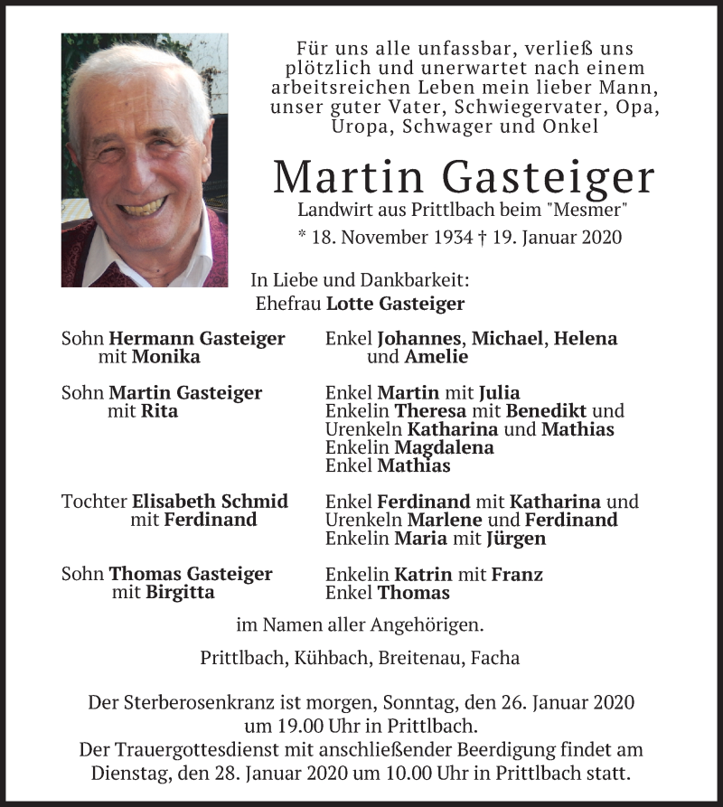  Traueranzeige für Martin  Gasteiger vom 25.01.2020 aus merkurtz