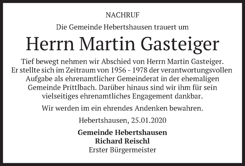  Traueranzeige für Martin  Gasteiger vom 25.01.2020 aus merkurtz