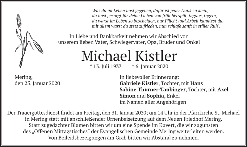 Traueranzeigen von Michael Kistler | trauer.merkur.de