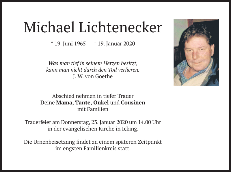  Traueranzeige für Michael Lichtenecker vom 21.01.2020 aus merkurtz