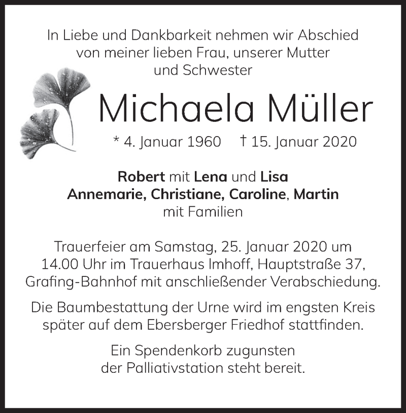 Traueranzeige für Michaela Müller vom 23.01.2020 aus merkurtz