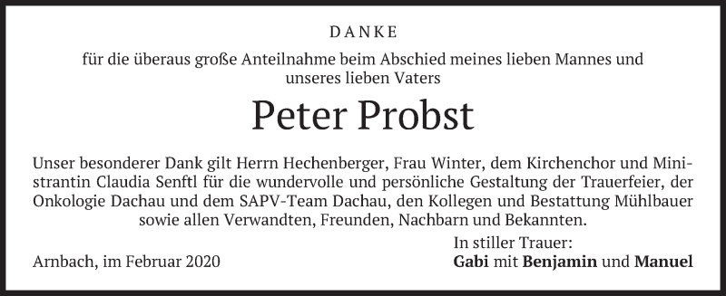  Traueranzeige für Peter Probst vom 01.02.2020 aus merkurtz