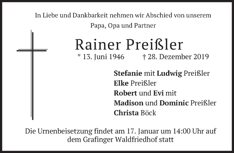  Traueranzeige für Rainer Preißler vom 11.01.2020 aus merkurtz