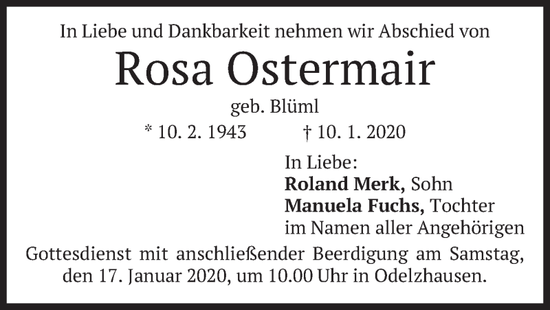  Traueranzeige für Rosa Ostermair vom 15.01.2020 aus merkurtz