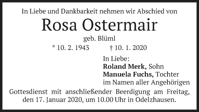  Traueranzeige für Rosa Ostermair vom 16.01.2020 aus merkurtz