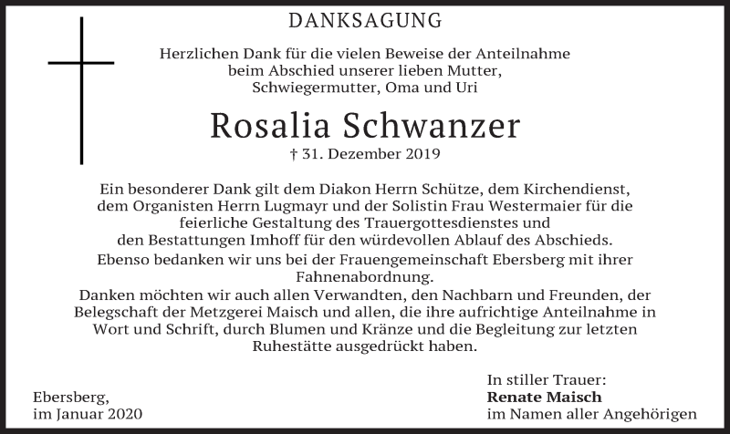 Traueranzeigen Von Rosalia Schwanzer | Trauer.merkur.de