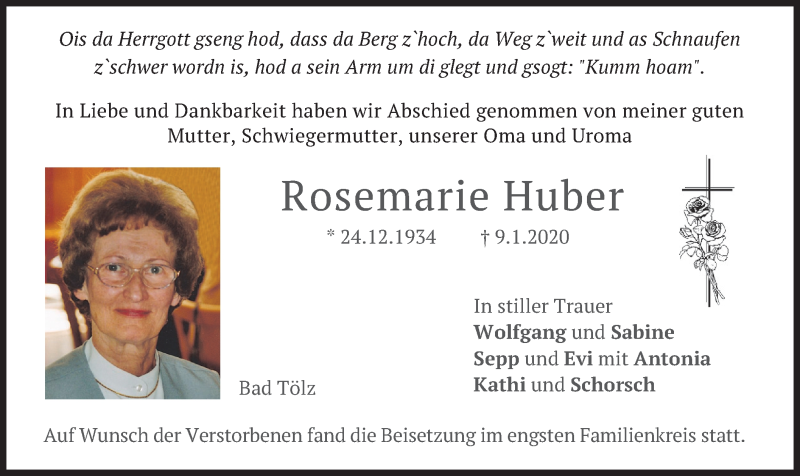  Traueranzeige für Rosemarie Huber vom 01.02.2020 aus merkurtz