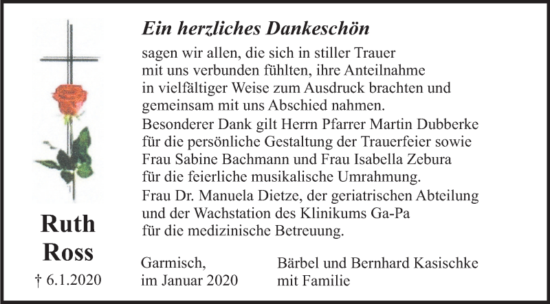  Traueranzeige für Ruth Ross vom 18.01.2020 aus merkurtz