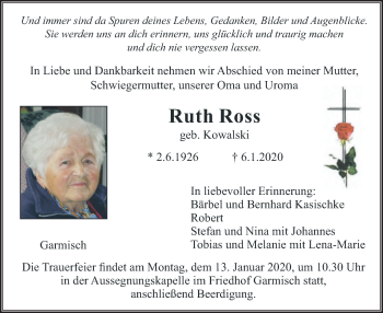 Traueranzeige von Ruth Ross von merkurtz