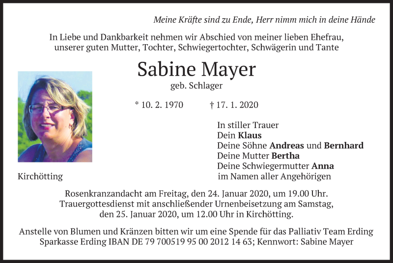  Traueranzeige für Sabine Mayer vom 21.01.2020 aus merkurtz