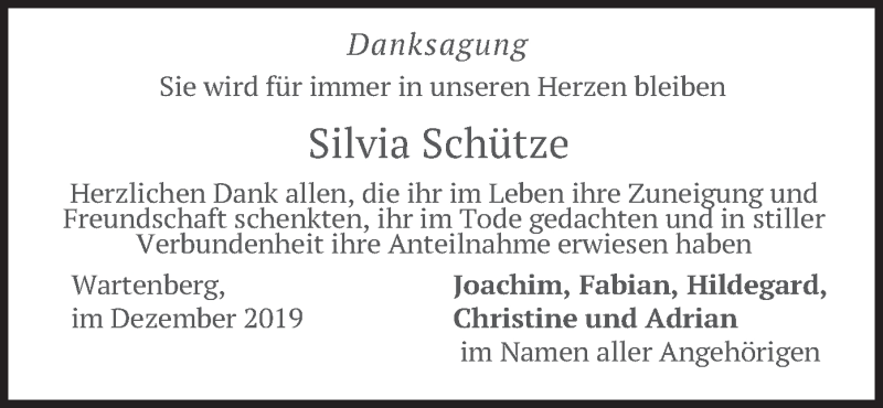  Traueranzeige für Silvia Schütze vom 11.01.2020 aus merkurtz