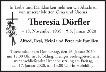 Traueranzeige von Theresia Dörfler