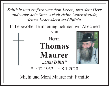Traueranzeige von Thomas Maurer von merkurtz