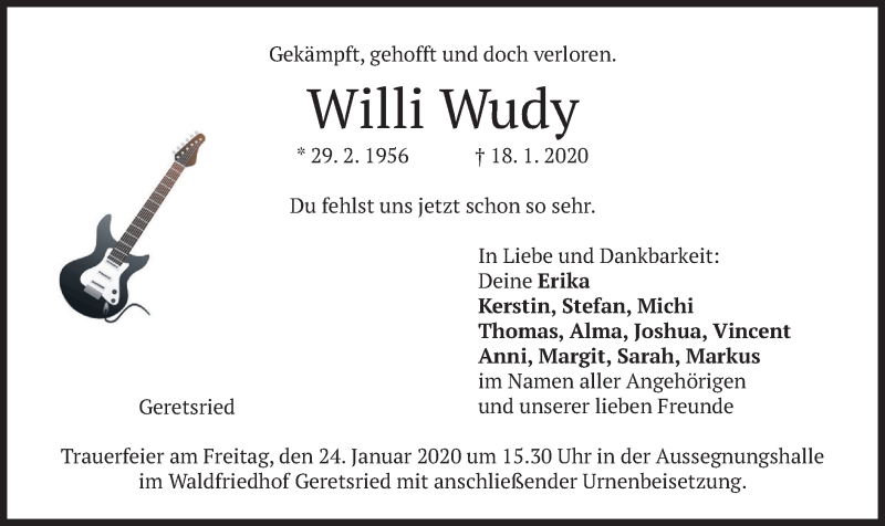  Traueranzeige für Willi Wudy vom 21.01.2020 aus merkurtz