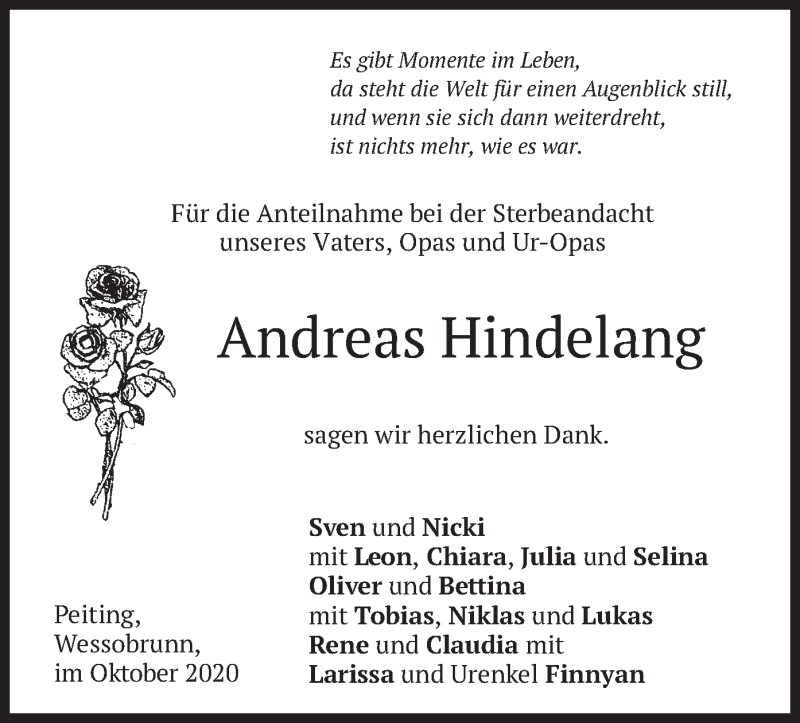  Traueranzeige für Andreas Hindelang vom 28.10.2020 aus merkurtz