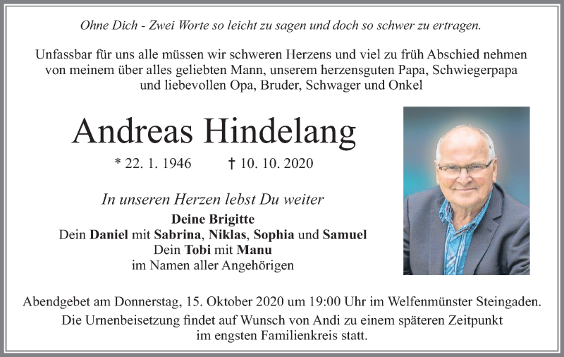  Traueranzeige für Andreas Hindelang vom 14.10.2020 aus merkurtz