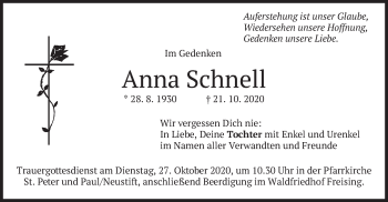 Traueranzeige von Anna Schnell von merkurtz