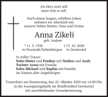 Traueranzeige von Anna Zikeli von merkurtz