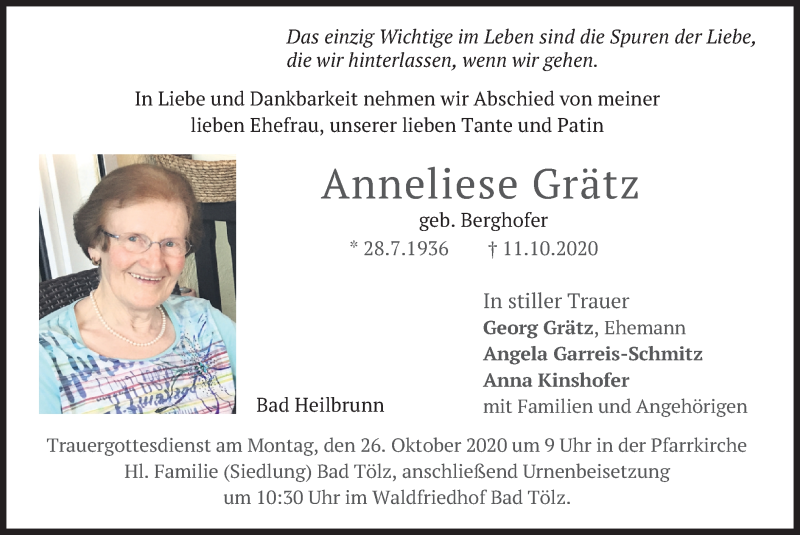  Traueranzeige für Anneliese Grätz vom 23.10.2020 aus merkurtz