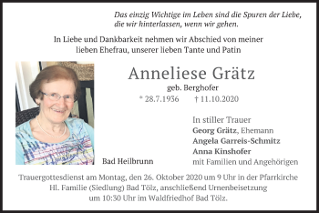 Traueranzeige von Anneliese Grätz von merkurtz